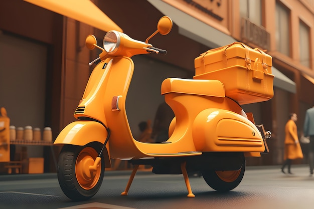Un scooter jaune avec une boîte à l'arrière est assis dans la rue
