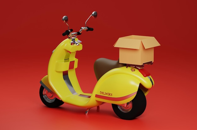 Un scooter jaune avec une boîte à l'avant.