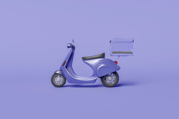 scooter de livraison avec boîte de nourriture sur fond bleu