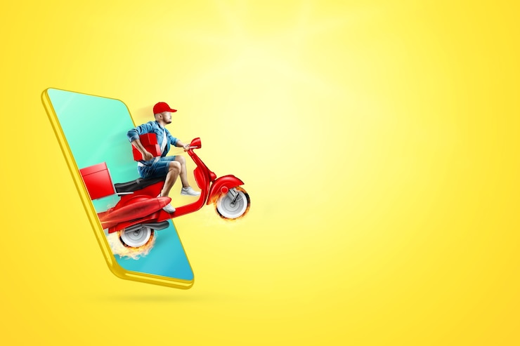 Photo le scooter de livraison rapide sort du smartphone. concept de livraison, commande en ligne, livraison de nourriture, dernier kilomètre, modèle, bannière. illustration 3d, rendu 3d.