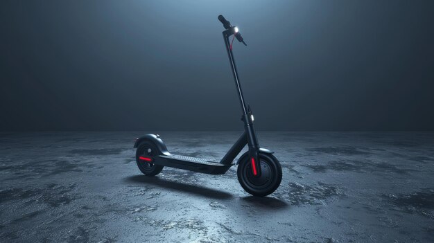 Un scooter noir avec des détails rouges est assis sur un sol en béton dans une pièce moderne faiblement éclairée