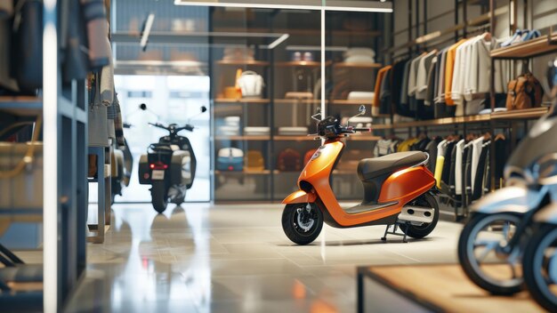 Photo un scooter orange élégant est prêt à être conduit dans une salle d'exposition urbaine moderne et élégante.