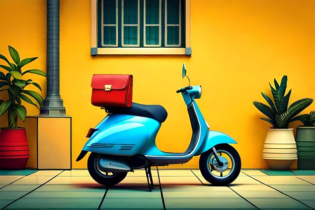 Photo scooter rouge 3d avec sac de livraison et livreur sur fond jaune