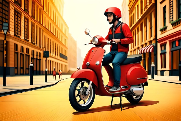 Scooter rouge 3D avec sac de livraison et livreur sur fond jaune