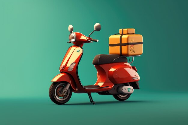 Scooter rouge avec panier pour la livraison de nourriture Scooter sur fond bleu Livraison de nourriture