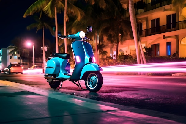 Scooter Vespa garé à Miami Beach la nuit