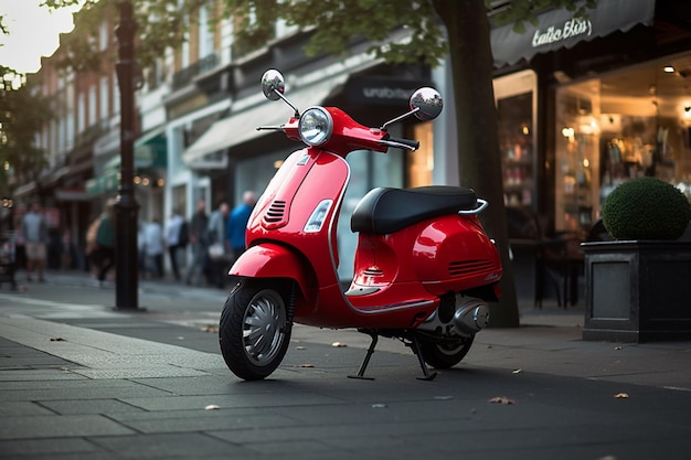 Un scooter vespa rouge garé sur un trottoir devant un magasin appelé le vespa.