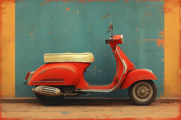 Un scooter vintage rouge se démarque contre un mur rouge et jaune rayé