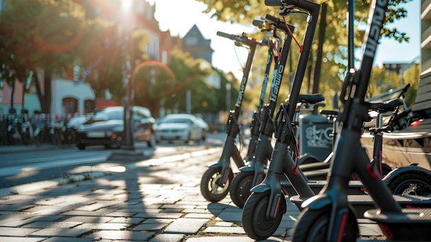 Des scooters électriques stationnés sur un trottoir éclairé par le soleil