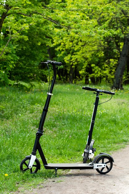 Des scooters pour adultes se tiennent près du chemin dans le parc