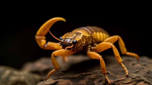 Un scorpion jaune est assis sur un journal avec un fond noir.