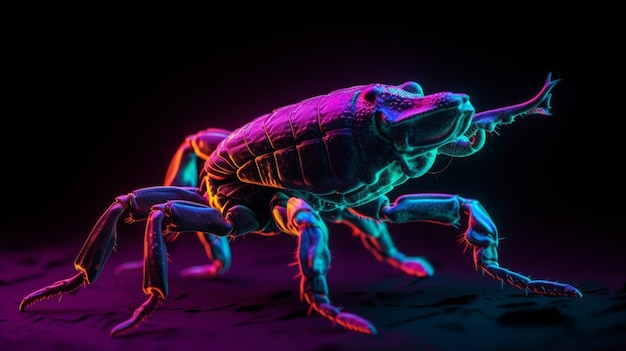 Un scorpion néon est éclairé dans des couleurs néon.