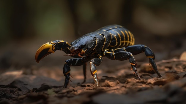 Un scorpion noir et jaune marche sur le sol.