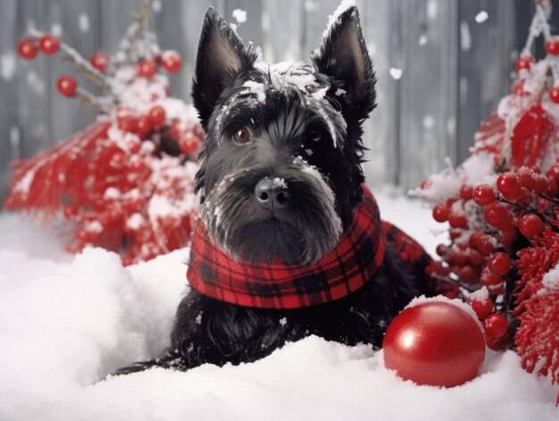 Scotty Dog célébrant Noël avec un chien ludique habillé d'un bonnet et d'une écharpe de Père Noël dans la neige d'hiver avec