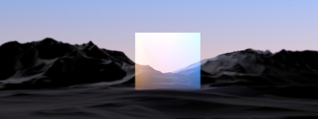 Screenpanel néon brillant parmi les montagnes dans le rendu 3D du paysage abstrait flou futuriste