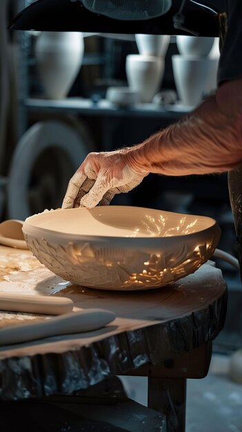 Photo sculpted bowl inspiré de la nature étant délicatement sculpté et poli par des mains habiles dans un studio de poterie tranquille capturez la scène de manière réaliste en utilisant l'éclairage de rembrandt pour une touche dramatique mi