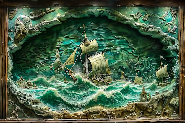 Sculpture 3D complexe d'une scène nautique avec des navires et des créatures marines dans un cadre décoratif