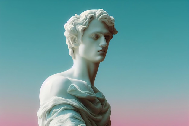 Sculpture abstraite de dieu grec dans la ville de retrowave pop pastel design couleurs de style vaporwave rendu 3d