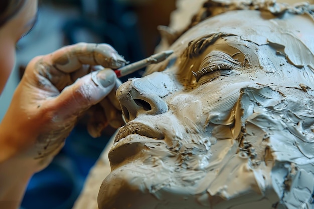 Une sculpture en argile du visage d'une femme est assise sur une table.