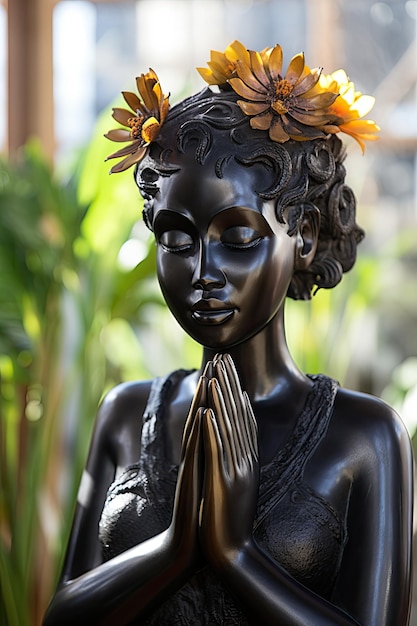 Sculpture d'un bel ange à la peau noire entouré de fleurs et de plantes de jardin