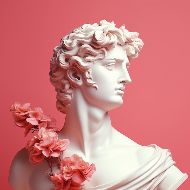 Sculpture blanche d'Apollon avec des fleurs sur un fond rose