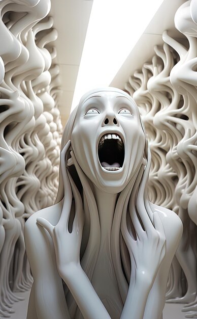 une sculpture blanche d'une femme avec la bouche ouverte et le mot dieu dessus