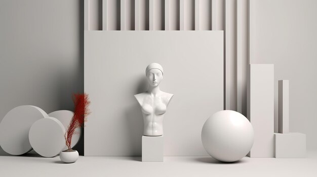 Une sculpture blanche d'une femme avec une plume rouge en arrière-plan