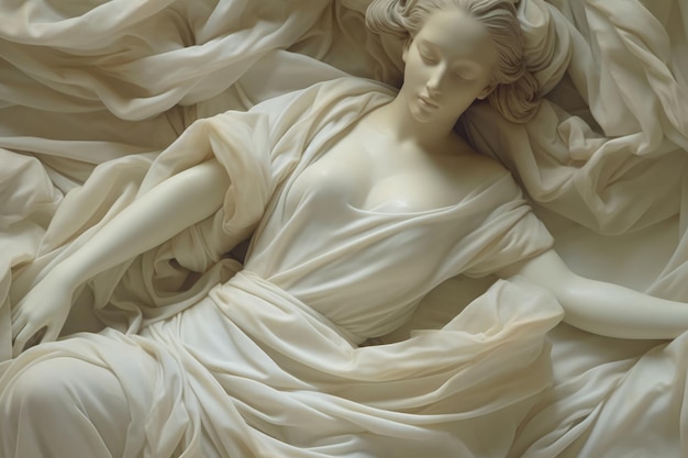 Une sculpture blanche d'une femme avec une robe blanche est allongée sur un lit.