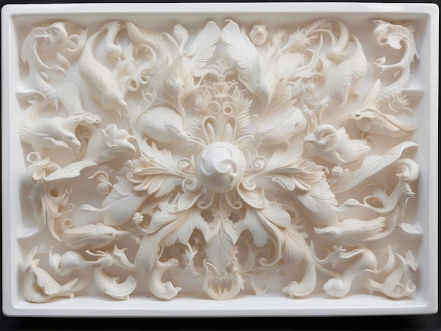 une sculpture blanche d'une fleur avec de nombreux feuilles et fleurs