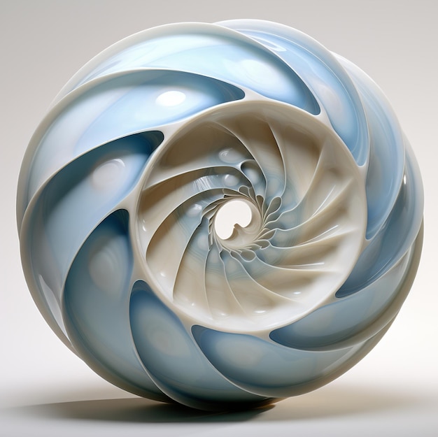 une sculpture bleue et blanche représentant un motif en spirale.