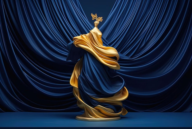une sculpture bleue et dorée au sommet d'un stand dans le style de draperies luxueuses