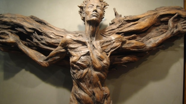 Une sculpture en bois d'un homme avec des ailes dessus