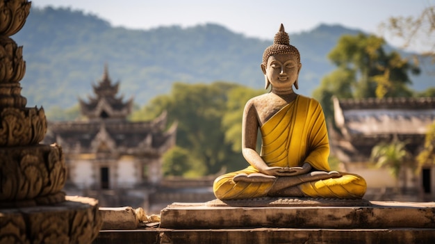 Une sculpture de Bouddha sur fond d'architecture de temple