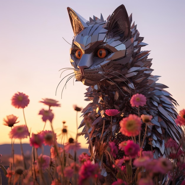 Une sculpture de chat en métal est entourée de fleurs.