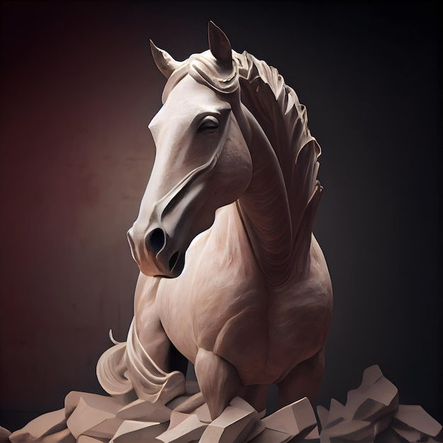 Sculpture de cheval en bois sur fond sombre rendu 3d