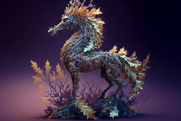 Une sculpture d'un cheval avec des feuilles dessus