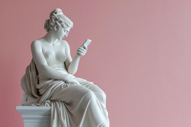 Sculpture d'une déesse grecque ancienne tenant un smartphone Statue de marbre féminine faisant défiler les médias sociaux Faites défiler la santé mentale bien-être numérique concept de perte de temps Mauvaises habitudes de lecture des nouvelles