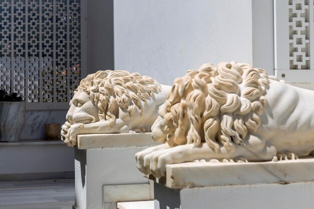 Photo sculpture de deux lions de marbre allongés à l'entrée de l'île d'andros cyclades grèce