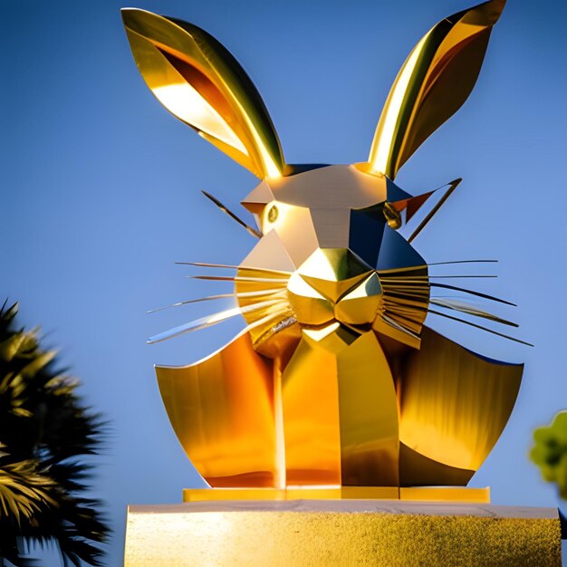 Une sculpture dorée d'un lapin sur fond rouge