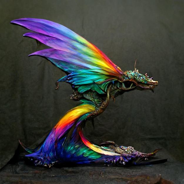 Une sculpture de dragon avec des ailes et une queue est affichée sur un fond sombre.