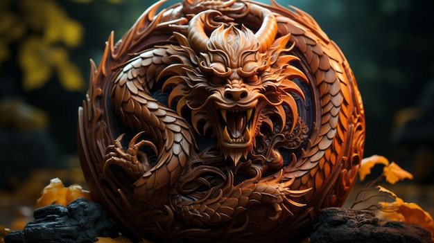 Statue de dragon tenant une boule - H: 79 cm