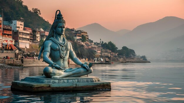 Photo sculpture du dieu hindou shiva assis en méditation sur la rivière ganges à rishikesh en inde