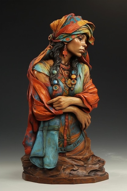 Une sculpture d'une femme avec un chapeau sur la tête