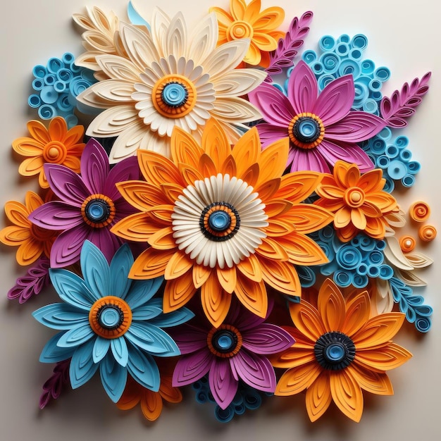 Sculpture de fleurs en papier coloré avec des compositions complexes