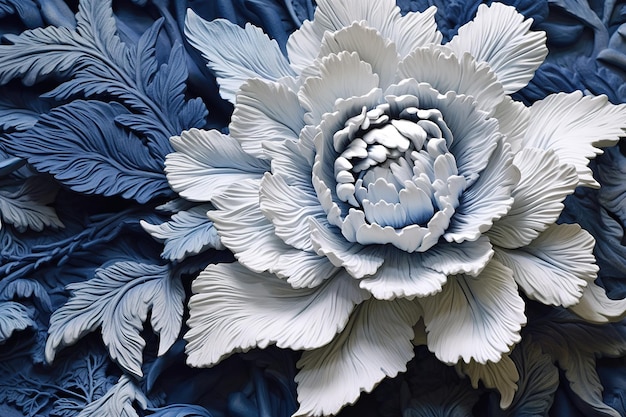 Sculpture florale décorative en bleu avec des feuilles blanches dans le style de la peinture texturée IA générative