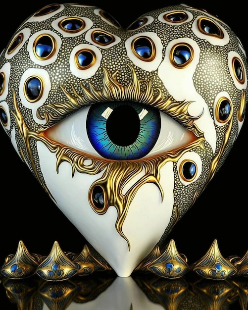 Une sculpture en forme de cœur avec un œil bleu et des plumes dorées.