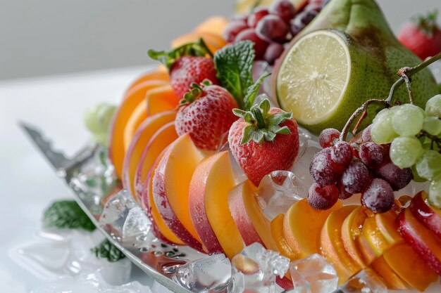 une sculpture de fruits avec de la glace et un couteau