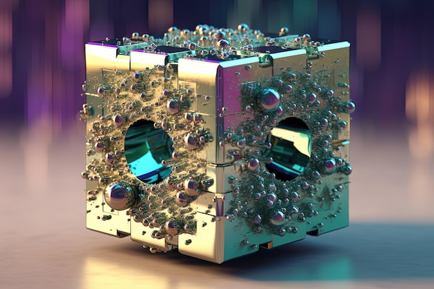 Sculpture géométrique éthérique en forme de cube Structure de cube de cristal brillant avec des couleurs vives dans le style vaporwave et y2k