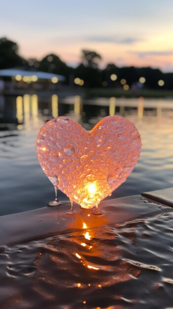 Photo sculpture de glace en forme de cœur fondant sur un lac au coucher du soleil