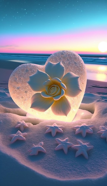 Sculpture de glace en forme de coeur sur la plage